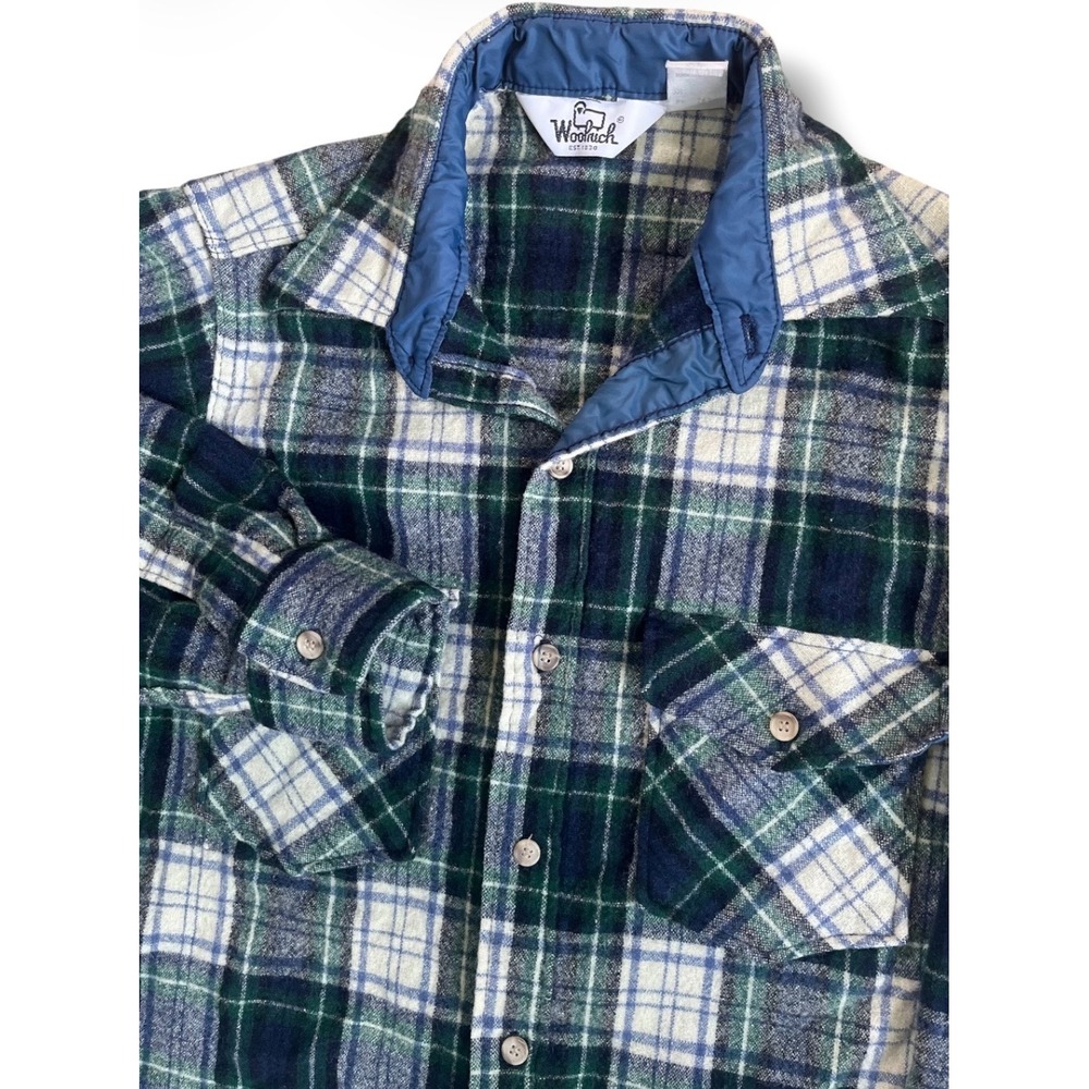 Vintage Woolrich Mens Plaid Flannel Shirt Green Blue Heavyweight Made in USA M